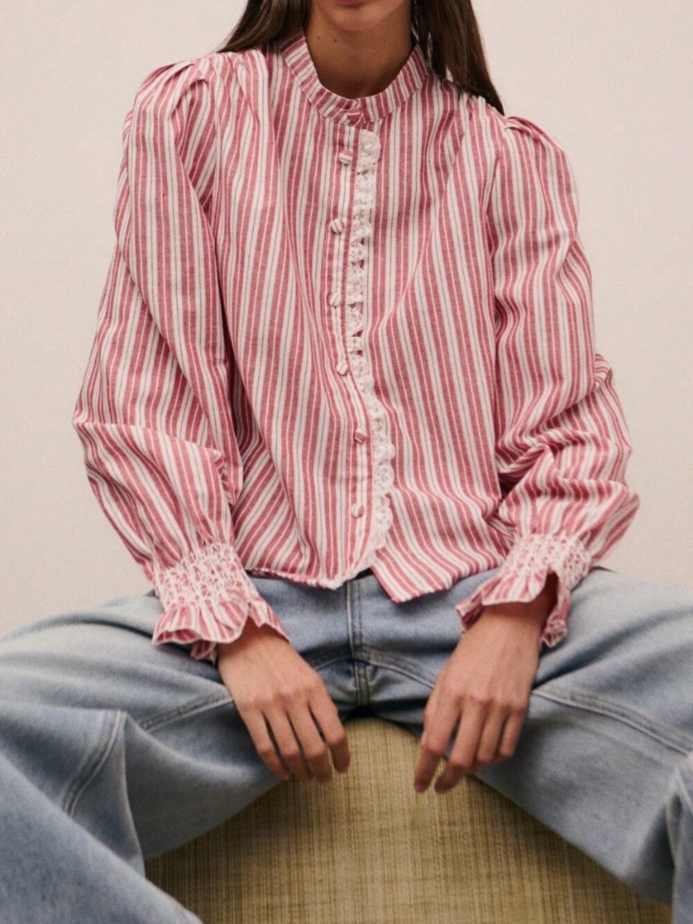 Red Casual Women's Vertical Stripe Mandarin Collar Puff Sleeve Ruffle Trim Shirt